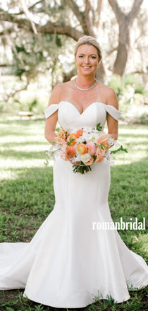 Mermaid Off-shoulder Satin Cheap Long Wedding Dresses Online,RBWD0021