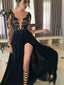 Sexy Black Deep V-neck Long Sleeves Lace Prom Dress, WGP167