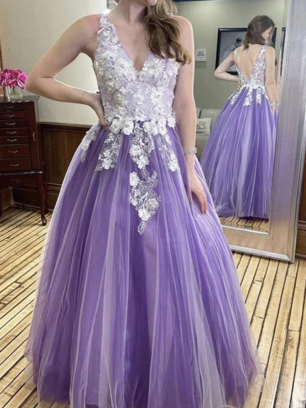 Beautiful A-line V-neck Purple Handmake Flowers Prom Dress, WGP179