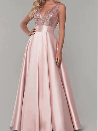 Sparkly A-line V-neck Sleeveless Satin Sequins Prom Dress, WGP235