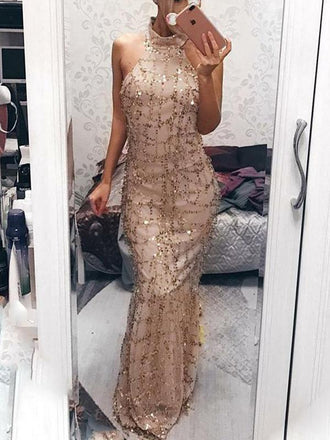 Sheath High Neck Sequined Prom Dress, WGP199