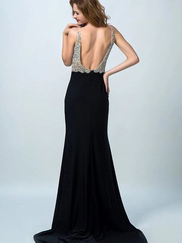 Sparkly V-neck Backless Beaded Prom Dress with Side Split, WGP208