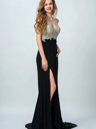 Sparkly V-neck Backless Beaded Prom Dress with Side Split, WGP208