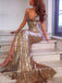 Sparkly Gold Mermaid V-neck Spaghetti Straps Prom Dress, WGP265
