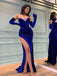 Elegant Mermaid Strapless Royal Blue Velvet Long Prom Dress with Side Slit, WGP276