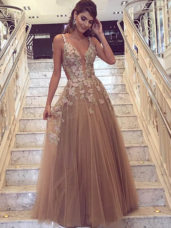 Champagne Tulle Lace Applique Prom Dress, WGP286