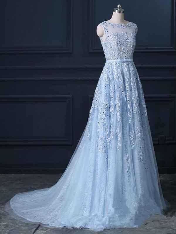 Elegant Blue Lace Beaded Illusion A-line Prom Dress, DB10886 RomanBridal Elegant Blue Lace Beaded Illusion A-line Prom Dress, DB10886 RomanBridal