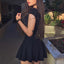 Two Pieces V-neck Black Lace Appliques Cap Sleeves Short Homecoming Dresses, HD0426