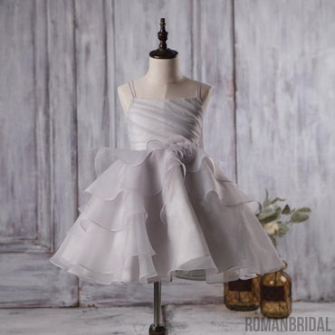 Cute Light Grey Organza Bustled Flower Little Girl Dresses, Cheap Flower Girl Dresses, FG057