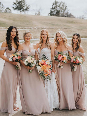 Simple Off-shoulder Chiffon Long Bridesmaid Dresses Online,RBWG0066