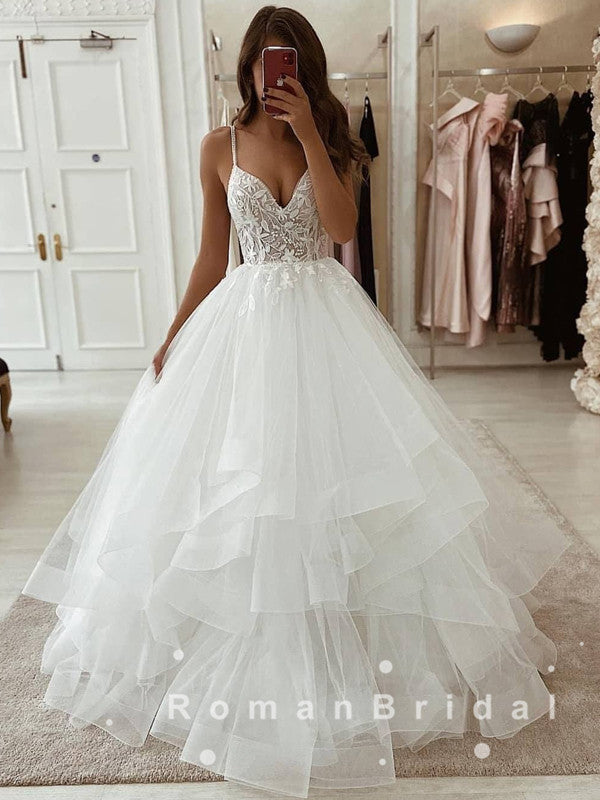 A-Line V-Neck Spaghetti Straps Tulle Long Wedding Dresses With Lace,RB –  RomanBridal