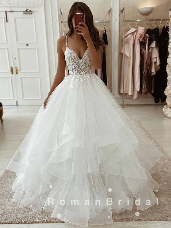 a line v neck spaghetti strap wedding dress A-line V Neck Tulle Court Train Wedding Dress with Appliqued Glitter S3227W - Wedding Dresses