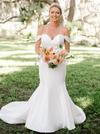 Mermaid Off-shoulder Satin Cheap Long Wedding Dresses Online,RBWD0021