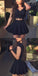 Two Pieces V-neck Black Lace Appliques Cap Sleeves Short Homecoming Dresses, HD0426