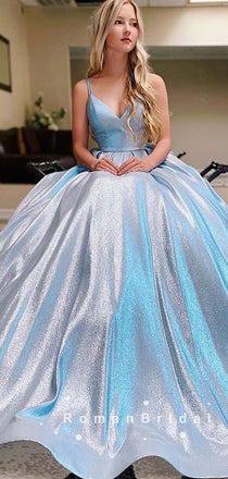 Shinny A-Line V-Neck Spaghetti Straps Custom Long Prom Dresses,RBPD0012