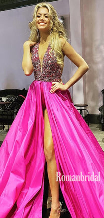 Simple Deep V-neck A-line Satin Sequin Cheap Long Prom Dresses,RBPD0132