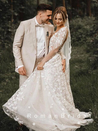 See Through A-Line Deep V-Neck Long Sleeves Long Wedding Dresses With Lace,RBWD0012