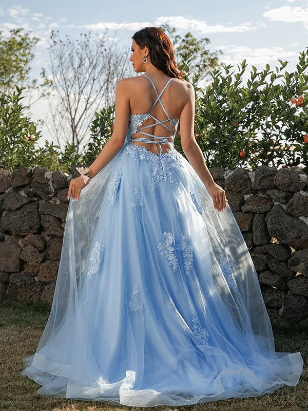 Elegant Sleeveless Blue Spaghetti Straps Applique Prom Dress, WGP319