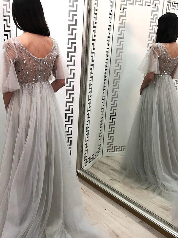 A-line V-neck Beaded Grey Tulle Long Prom Dress, WGP320