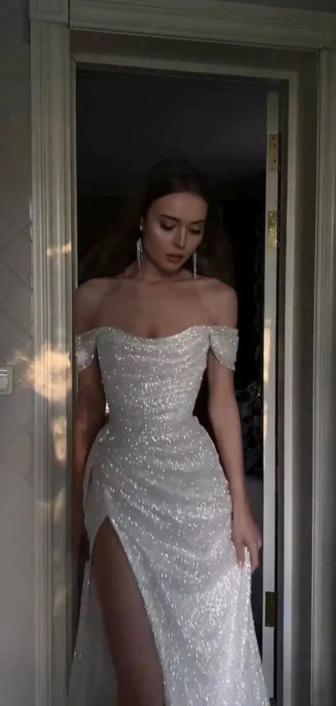Sparkly Sequins Off Shoulder Side Slit Prom Dress, WGP330
