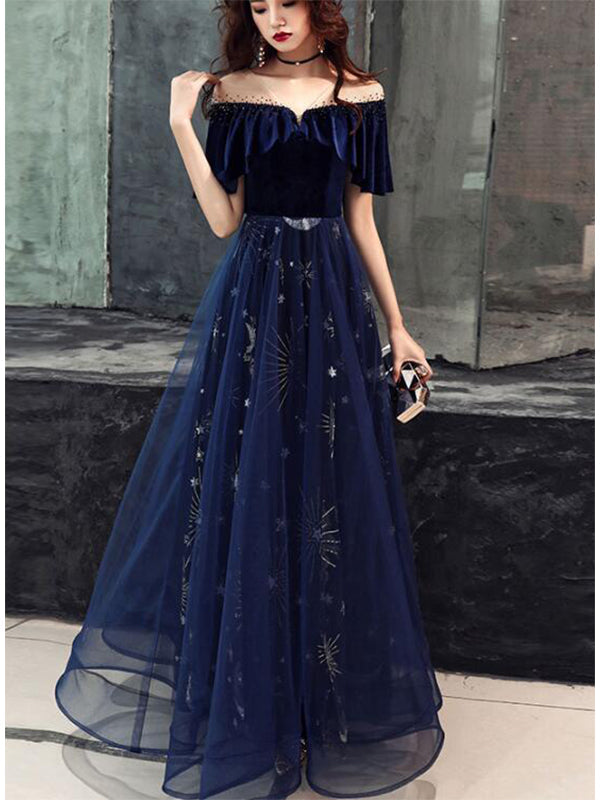 Elegant Velvet TUlle Long Formal Navy Blue Prom Dress, WGP332