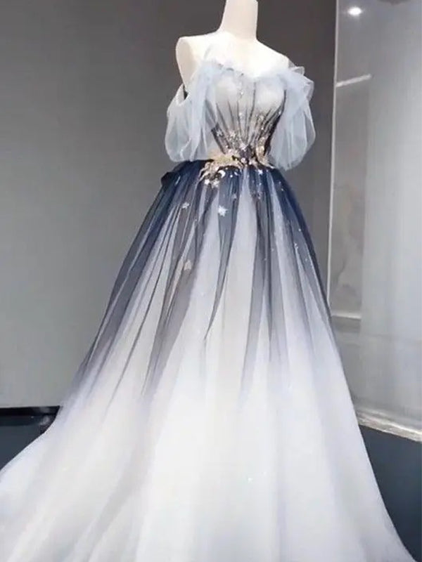 Elegant Off Shoulder Tulle Beaded Prom Dress, OL545