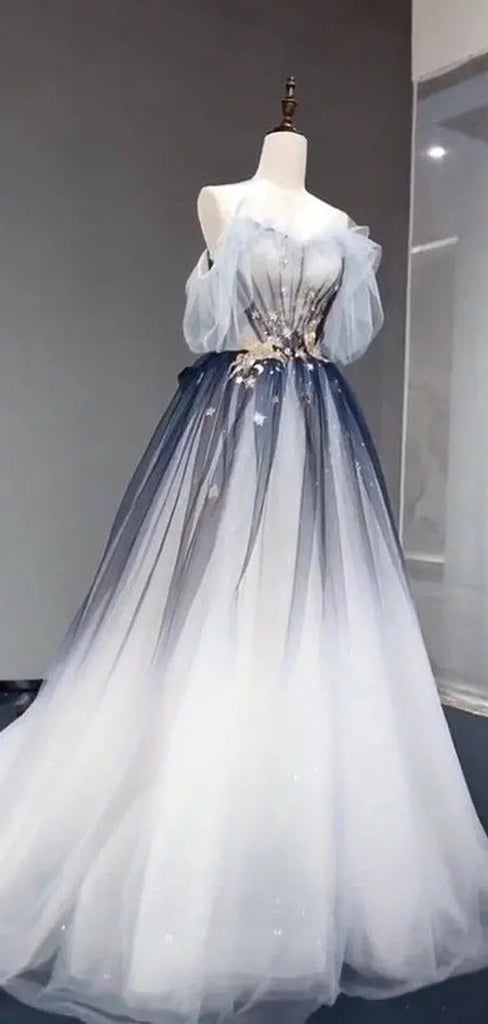 Elegant Off Shoulder Tulle Beaded Prom Dress, OL545