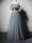 Gray Tulle A-line Off Shoulder Prom Dress, OL546