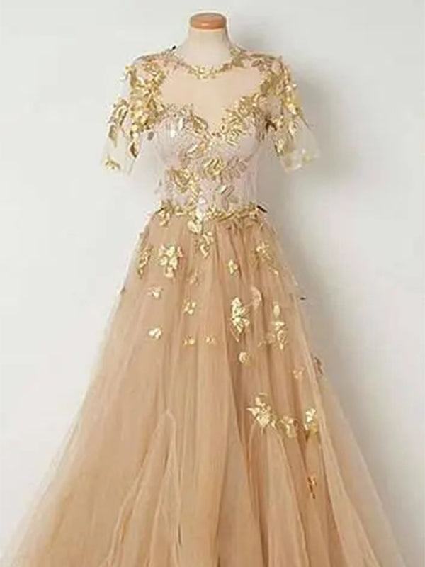 Golden Short Sleeves A-line Tulle Prom Dress, OL547