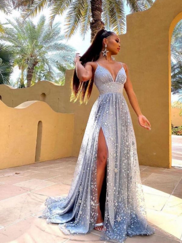 Sparkly Spaghetti Straps V-neck Side Slit Prom Dress, OL555 RomanBridal Sparkly Spaghetti Straps V-neck Side Slit Prom Dress, OL555 RomanBridal