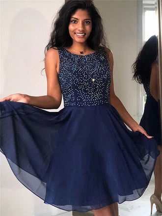 Newest A-line Beading Top Navy Blue Chiffon Homecoming Dresses, HD0520