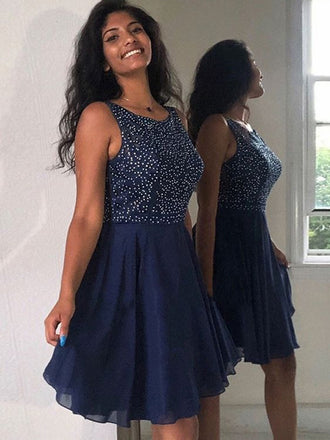 Newest A-line Beading Top Navy Blue Chiffon Homecoming Dresses, HD0520