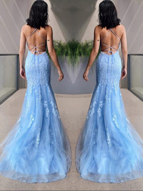 Halter Sky Blue Mermaid Tulle Lace Prom Dress, OL568