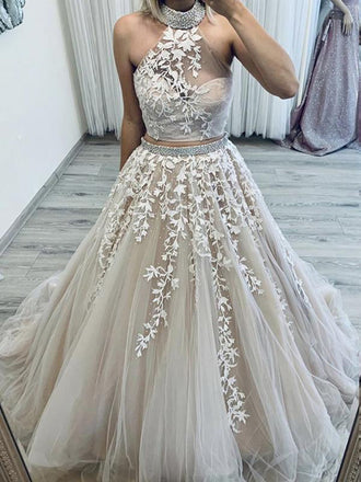 Two Pieces High Neck Champagne Lace Prom Dress, OL577