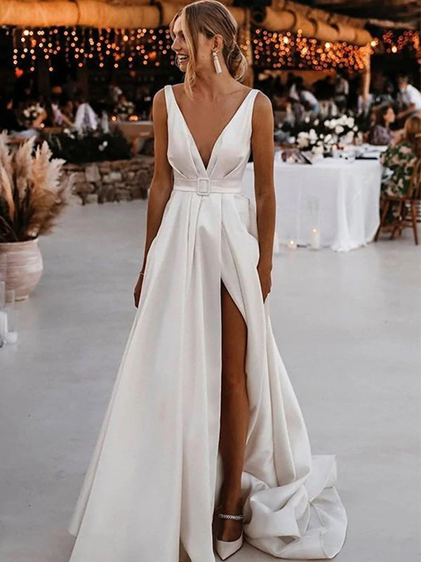 A-line Deep V-neck Open Back High Slit White Long Wedding dress, WD043 RomanBridal A-line Deep V-neck Open Back High Slit White Long Wedding dress, WD043 RomanBridal