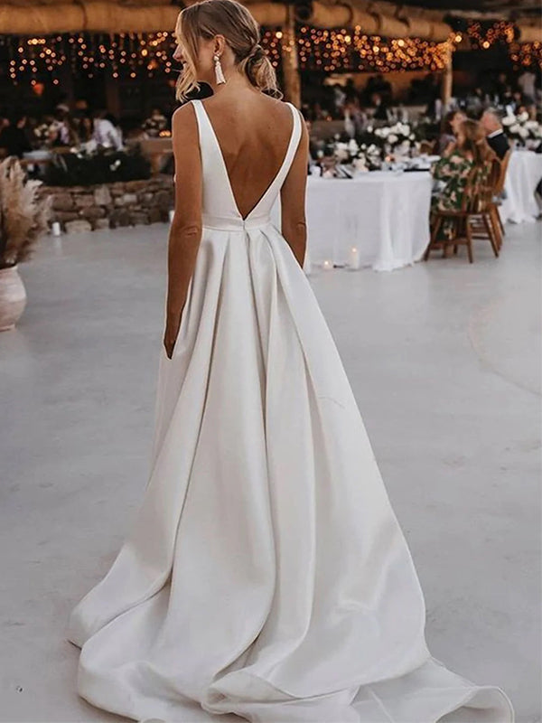 A-line Deep V-neck Open Back High Slit White Long Wedding dress, WD043 – RomanBridal A-line Deep V-neck Open Back High Slit White Long Wedding dress, WD043 – RomanBridal