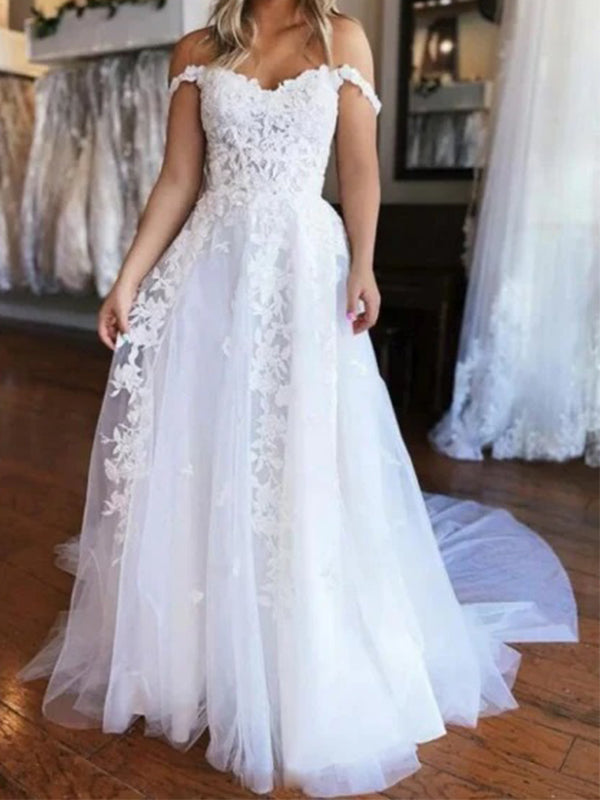 A-line Off Shoulder Tulle White Long Wedding Dress, WD0521