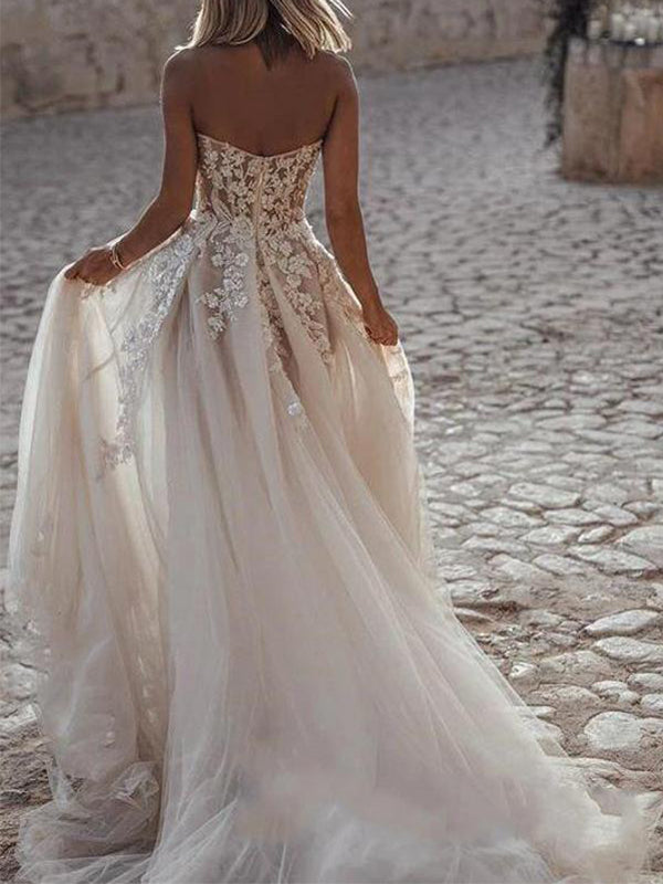 A-line Sweetheart Tulle Applique Long Wedding Dress, WD0522
