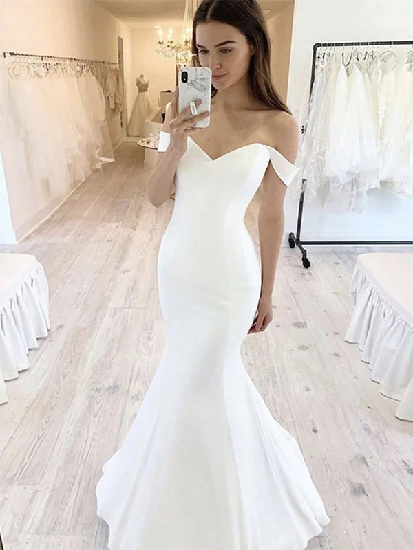 Off Shoulder White Mermaid Wedding Dress, WD0525