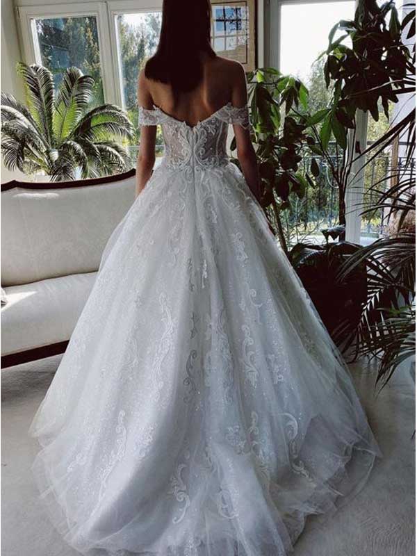 Off Shoulder A-line Applique Tulle Long Wedding Dress, WD0460