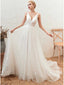 Tulle V-neck Long Applique Wedding Dress, WD0465