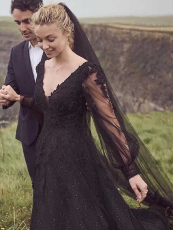 Black A-line V-neck Long Sleeves Wedding Dress, WD0474