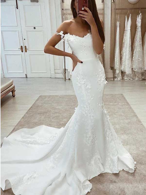 White Straps Lace Sleeveless Satin Mermaid Wedding Dress with Trailing, WD0476