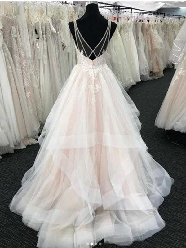 White Tulle V-neck Open Back Long Wedding Dress, WD0482