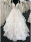 White Tulle V-neck Open Back Long Wedding Dress, WD0482