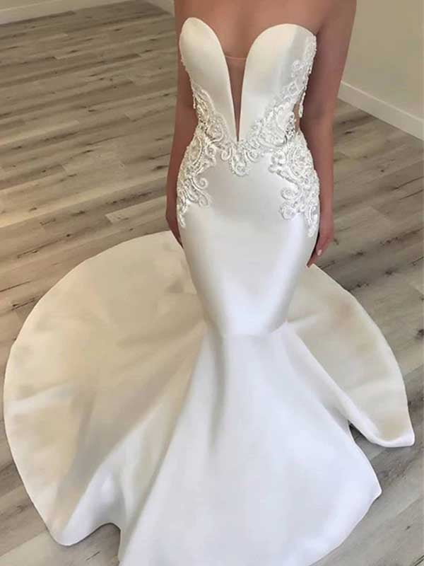 Sweetheart Satin Mermaid Applique Wedding Dress, WD0493