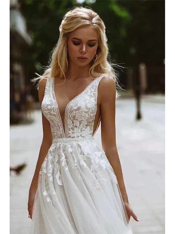 Elegant A-line  V-neck Lace Applique Wedding Dress, WD0495