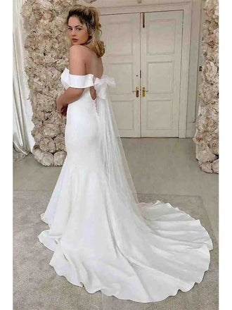 Simple Mermaid Off The Shoulder Ivory Satin Wedding Dress, WD0496