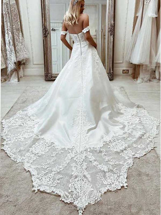 Elegant Satin Off the shoulder A-line With Appliques Wedding Dress, WD0501