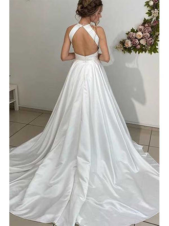 A-line Halter Neckline Backless Long Satin With Beading Belt Wedding Dress, WD0502